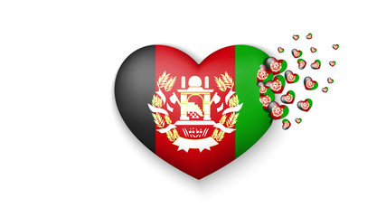 National flag of Afghanistan in heart illustration. With love to Afghanistan country. The national flag of Afghanistan fly out small hearts on white background