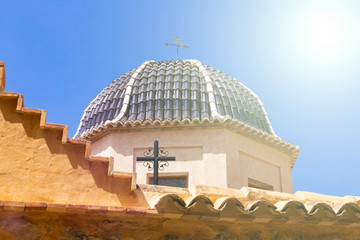 Traditional dome with blue ceramic tiles at Relleu Church, Alicante province.