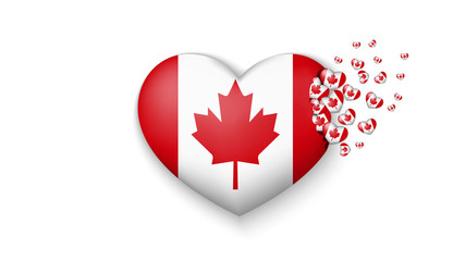 National flag of Canada in heart illustration. With love to Canada country. The national flag of Canada fly out small hearts on white background
