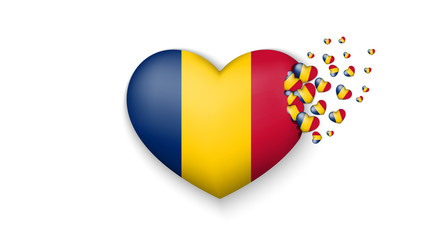 National flag of Chad in heart illustration. With love to Chad country. The national flag of Chad fly out small hearts on white background