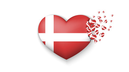 National flag of Denmark in heart illustration. With love to Denmark country. The national flag of Denmark fly out small hearts on white background