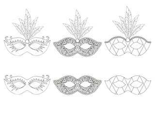 Fototapeta premium Collection of hand drawn masks. Isolated on white. Mardi gras. Black and white. Vector illustration.