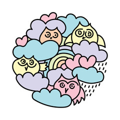 Cute owls in the clouds, rainbow, hearts. Hand drawn vector illustration
