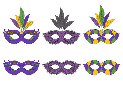 Collection of hand drawn masks. Isolated on white. Mardi gras. Vector illustration.