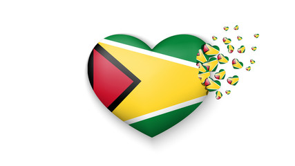 National flag of Guyana in heart illustration. With love to Guyana country. The national flag of Guyana fly out small hearts on white background