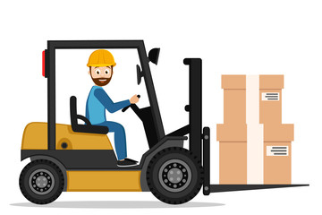 Driver on a forklift carries boxes on a white.