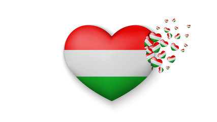 With love to Hungary country. The national flag of Hungary fly out small hearts on white background