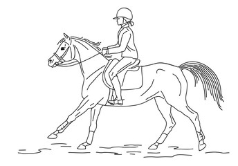 Line sketch of a young girl cantering on a sport pony.	