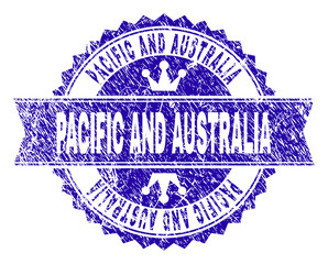 PACIFIC AND AUSTRALIA rosette stamp seal watermark with distress style. Designed with round rosette, ribbon and small crowns.