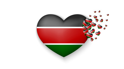 National flag of Kenya in heart illustration. With love to Kenya country. The national flag of Kenya fly out small hearts on white background