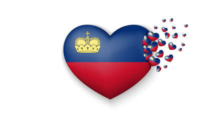 Fototapeta premium National flag of Liechtenstein in heart illustration. With love to Liechtenstein country. The national flag of Liechtenstein fly out small hearts on white background