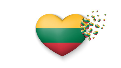 National flag of Lithuania in heart illustration. With love to Lithuania country. The national flag of Lithuania fly out small hearts on white background