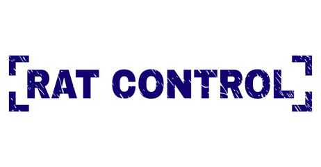 RAT CONTROL text seal stamp with corroded texture. Text title is placed between corners. Blue vector rubber print of RAT CONTROL with retro texture.