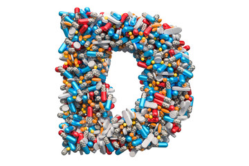 Letter D from medicine pills, capsules, tablets. 3D rendering