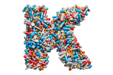 Letter K from medicine pills, capsules, tablets. 3D rendering
