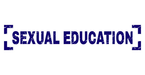 SEXUAL EDUCATION caption seal print with distress texture. Text tag is placed between corners. Blue vector rubber print of SEXUAL EDUCATION with unclean texture.