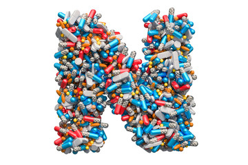 Letter N from medicine pills, capsules, tablets. 3D rendering