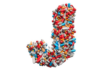 Letter J from medicine pills, capsules, tablets. 3D rendering