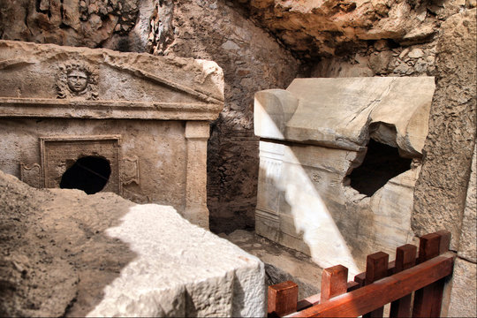 Old Roman Carved stone sarcophagus in Olympos ancient city, Antalya, Turkey.