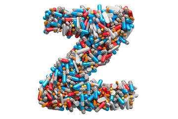 Letter Z from medicine pills, capsules, tablets. 3D rendering