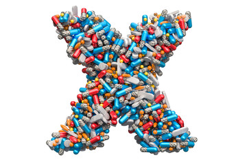 Obraz na płótnie Canvas Letter X from medicine pills, capsules, tablets. 3D rendering