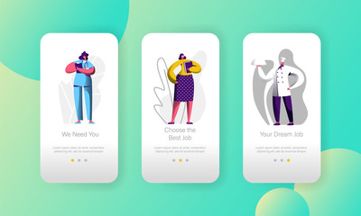 Different Job Vacancy Choose Opportunity Character Mobile App Page Onboard Screen Set. Chef and Doctor Career Candidate. Hr Recruitment Business Website or Web Page. Flat Cartoon Vector Illustration