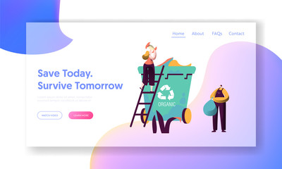 Recycle Sort Organic Garbage Landing Page. Woman Throw Away Food to Dustbin Container for Separation to Reduce Environment Pollution. Reuse Garbage Website Web Page. Flat Cartoon Vector Illustration
