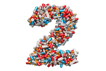 Number 2 from medicine pills, capsules, tablets. 3D rendering
