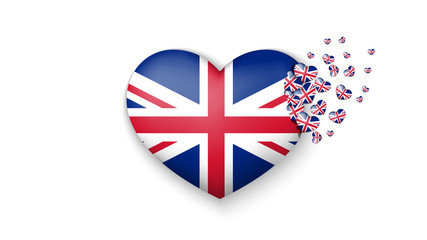 National flag of UK in heart illustration. With love to UK country. The national flag of UK fly out small hearts on white background