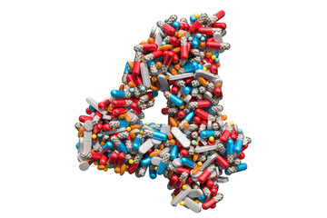 Number 4 from medicine pills, capsules, tablets. 3D rendering