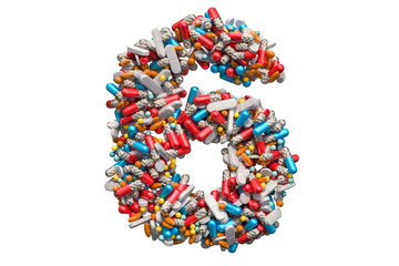 Number 6 from medicine pills, capsules, tablets. 3D rendering