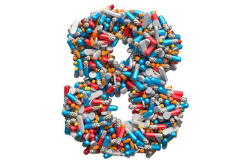 Number 8 from medicine pills, capsules, tablets. 3D rendering