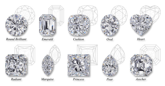 Ten the most popular diamond cut styles with faced diagrams, titles, isolated on white background