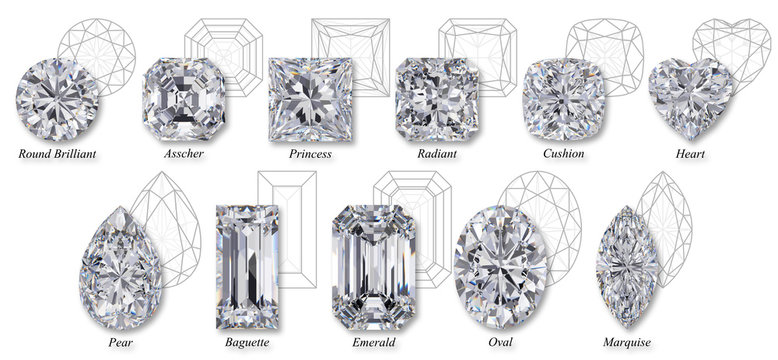 Eleven popular diamond cut styles with faced diagrams, titles, isolated on white background