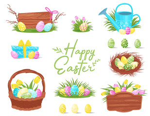 Flat vector set of colorful Easter icons. Painted eggs in basket and nest, wooden boards, gift box and watering can