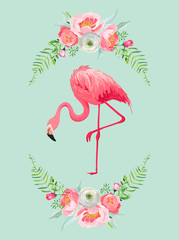 Obraz na płótnie Canvas Illustration of Beautiful Flamingo with place for Baby Name for Poster Print, Baby Greetings, Invitation, Children Store Flyer, Brochure, Book Cover in vector