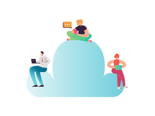 Cloud Computing Technology. Cartoon Characters with Laptop and Mobile Devices Using Cloud Data Storage for Social Media Networking. Vector illustration