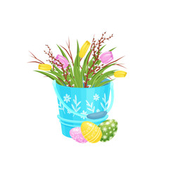 Tulip flowers and pussy-willow branches in blue bucket, painted Easter eggs on floor. Spring holiday. Flat vector