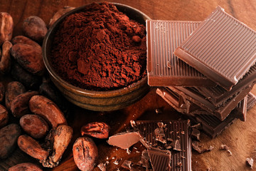 Broken dark chocolate, cocoa powder and coffee beans on a wooden table