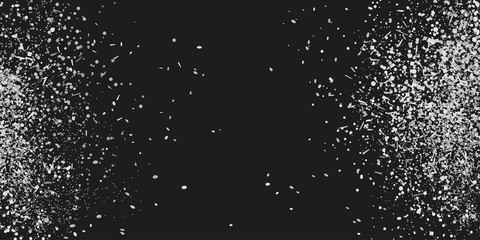 Confetti on isolated background. Texture with many glitters. Holiday elements on black. Pattern for flyers, banners and textiles. Greeting cards. Black and white illustration