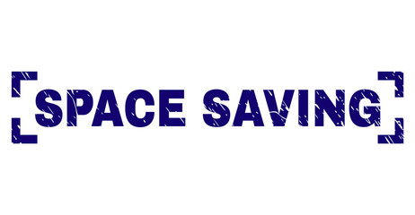 SPACE SAVING caption seal print with grunge texture. Text label is placed between corners. Blue vector rubber print of SPACE SAVING with dirty texture.