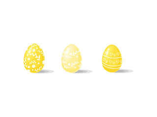 Three yellow Easter eggs with different ornaments. Spring holiday theme. Flat vector for festive poster or banner