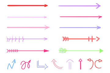 Colored infographic elements isolated on white. Set of sketchy indicator signs. Tangled hand drawn simple pointers. Line art. Abstract arrows. Symbols for work