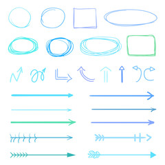 Hand drawn infographic elements on white. Abstract colored arrows. Line art. Set of different geometric shapes. Colorful illustration. Doodles for artwork