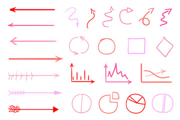 Colored infographic elements on isolated white background. Hand drawn simple arrows and shapes. Line art. Set of different pointers. Abstract indicators