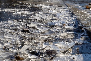 Broken ice on the snow during winter. Slovakia