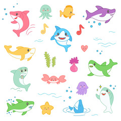 Kawaii Marine Creatures Collection. Funny Cute Fish Cartoon Character Set for Nursery Baby Kid Design, Decoration, Patches, Badges. Vector illustration