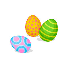 Three eggs with different ornaments. Happy Easter. Spring holiday. Flat vector for greeting card or banner