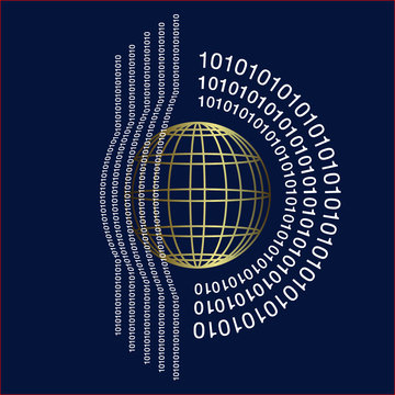 Logo pour une entreprise d&rsquo;informatique compos&eacute; d&rsquo;une sph&egrave;re or sur un fond bleu nuit entour&eacute;e des chiffres du code de base de l&rsquo;informatique 0 et 1.