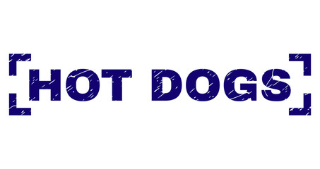 HOT DOGS text seal print with grunge texture. Text tag is placed between corners. Blue vector rubber print of HOT DOGS with dust texture.